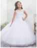 Beaded White Lace Tulle Keyhole Back Ankle Length Flower Girl Dress